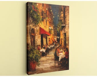 Romantic Italian Alley Canvas Print, Impressionistic European Cafe Scene at Night, Warm Wall Art for Dining Room, Tuscan Restaurant Decor