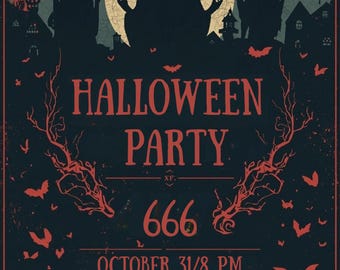 Może przedstawiać: Plakat na imprezę Halloween w stylu vintage z ciemnoniebieskim tłem i czerwonymi akcentami. Plakat przedstawia sylwetki postaci, nietoperzy i pełnię księżyca. Tekst zawiera "HALLOWEEN PARTY", "666" i szczegóły wydarzenia.