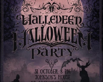 May include: A vintage-style Halloween party poster with a dark purple and pink color scheme. The poster features a large moon, bats, and the words "Halledeen Halloween Party." The date and time are also included.