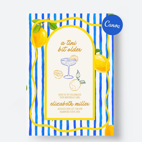 Plantilla de invitación para fiesta de cumpleaños de limón: Diseño elegante de Canva dibujado a mano (descarga digital)