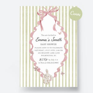 Può includere: Invito per baby shower con un design a nastro e cornice rosa. L'invito include il testo "Emma's Smith BABY SHOWER" e i dettagli dell'evento. Sono presenti anche un simpatico coniglietto e farfalle.