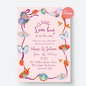 Butterfly & Ladybug Baby Shower Invitation: Girl Theme, Editable Canva Template (Digital Download)