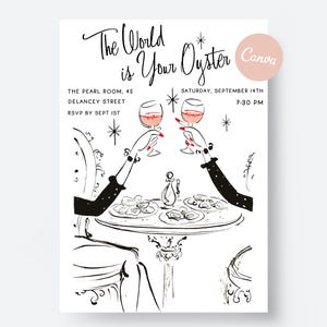 Austern-Dinner-Party Einladung: Elegante Linie Kunst, bearbeitbare Canva Vorlage (Digitaler Download)