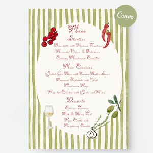 Op de afbeelding: Een menu in aquarel-stijl met een groen-witte gestreepte achtergrond. Het menu bevat voorgerechten, hoofdgerechten en desserts, met illustraties van tomaten, chilipepers, olijven, een wijnglas en knoflook. De tekst bevat het woord "Canva".