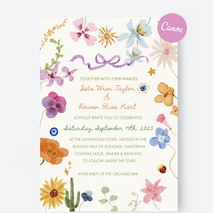 Invitación de boda con jardín bohemio / Plantilla editable de Canva / Diseño de flores silvestres coloridas / Invitación para ceremonia al aire libre / Descarga digital