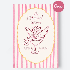 Plantilla de Canva DIY / Invitación a cena de ensayo rosa / Diseño de ángel dibujado a mano / Tarjeta RSVP editable / Descarga digital