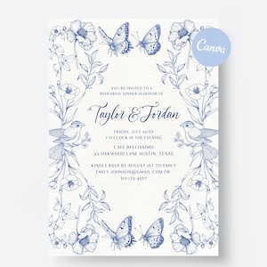 Invito per cena di prova botanica blu / Design da giardino vintage / Uccelli e farfalle / Modello Canva modificabile / Download digitale