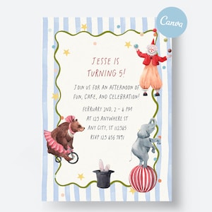 Editable Circus Birthday Invitation | Party Invite Kids | Carnival Theme with Clown, Bear, Elephant | Canva Template | Digital Download