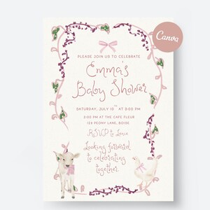 faire-part de fête de naissance à la ferme | Modèle de toile modifiable | Baby Shower Country Girl | Conception d'animaux de basse-cour | Téléchargement numérique