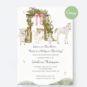 faire-part de fête de naissance à la ferme | Modèle de toile modifiable | Baby Shower Country Girl | Conception d'animaux de basse-cour | Téléchargement numérique