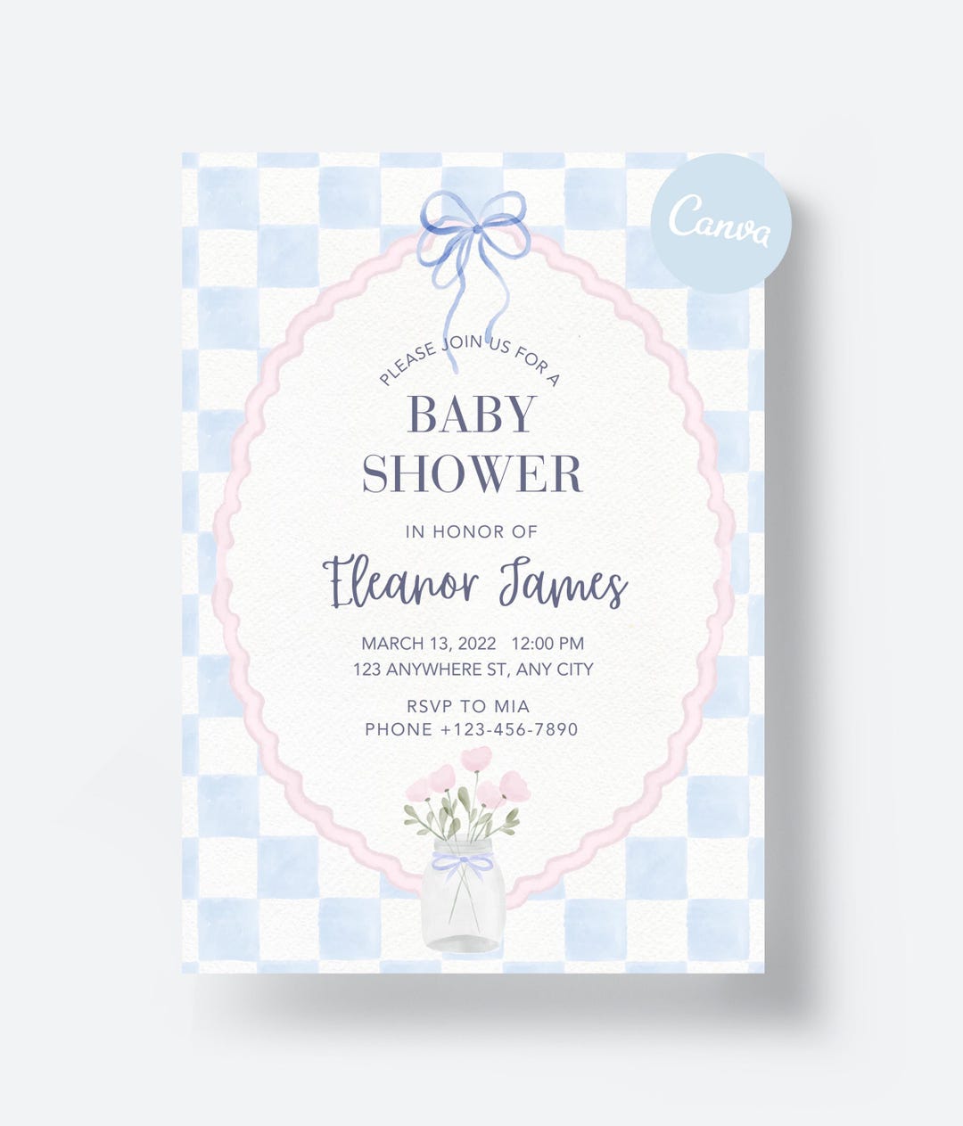 Blue Pink Bow Baby Shower Invitation Template: Watercolor Flowers Check ...