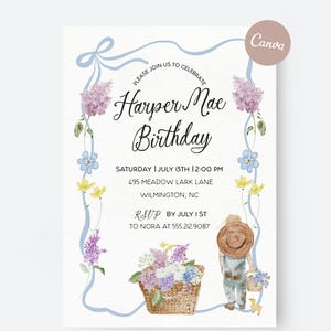faire-part d'anniversaire de fille de ferme | Modèle de toile modifiable | Garden-party fleurie pour elle | Panier aquarelle et motif canard | Téléchargement numérique