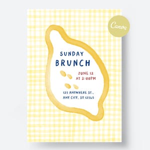 Lemon Brunch Invitation | Editable Canva Template | Gingham Yellow Summer Party Invite | Digital Download
