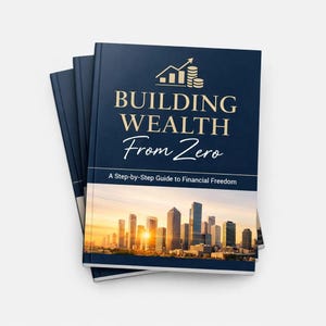 May include: A stack of three navy blue books titled "Building Wealth From Zero" with gold lettering and a cityscape image. The book's subtitle reads "A Step-by-Step Guide to Financial Freedom."