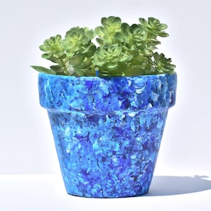 Hand Painted Terracotta Pot: Clay Blue and White Splatter Pot, 3-1/2 inch Tall