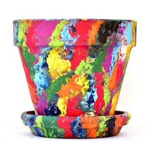 Hand Painted Terracotta Pot Set:  Paint Job Pot, Rainbow Saucer, 5"