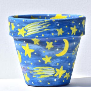 Hand Painted Terracotta Pot: Stars and Moons Pot, Blue Planter, 3.5&quot;