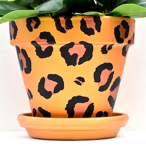 May include: A terracotta plant pot with a matching saucer, featuring a hand-painted leopard print pattern in black and orange. The pot has a wide rim and a tapered body, with green foliage visible at the top, creating a bold and distinct look.