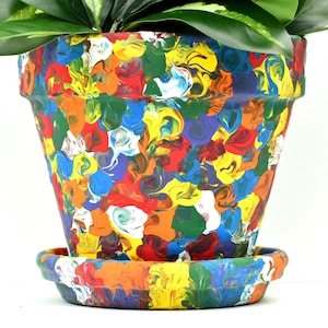 Hand Painted Terracotta Pot Set: Rainbow Swirl Planter, Multicolor Saucer, 5"