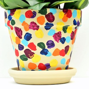 May include: A beige terracotta plant pot with a matching saucer, featuring a hand-painted pattern of scattered, multi-colored paint dabs in shades of red, orange, yellow, green, blue, and purple, with green foliage visible at the top rim.