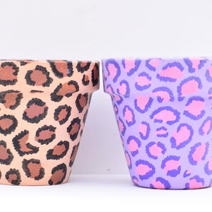 Hand Painted Leopard Print Terracotta Planter Set: Brown & Purple, 3.5"