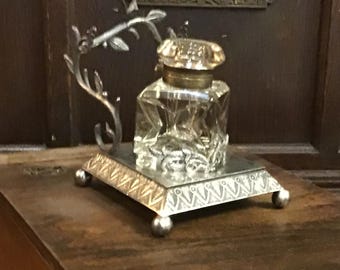 Crystal inkwell. Ornate quadruple plate silver and Crystal inkwell – Vintage Desk Accessory. Victorian writing accessory.