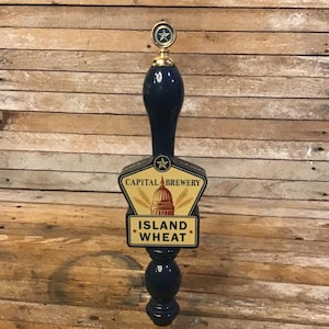 Island Wheat Beer kegerator tap handle, vintage bar ware. Vintage turned wood keg tapper 13 inches tall. Life of party.