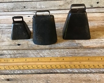 3 cowbells 3 sizes rolled steel, vintage hand made bells, primitive metal bells in three sizes