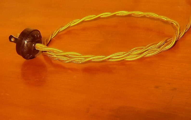 May include: A black electrical plug with a yellow and gold braided cord.