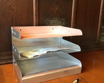 3 slot vertical desk top file with label slots on the side. MCM letter tray, desktop organizer, in good vintage condition.