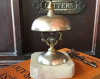 Hotel desk bell, servants bell, butlers bell. Silver plated brass bell on marble base. Late Victorian bell