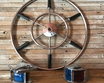 Vintage chrome ships wheel, concentric circles 6 spoke. Good to very good condition. Large, sturdy construction spoked boat or ships wheel.