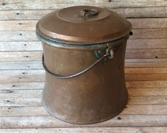 Vintage copper kettle with lid, original patina, handmade cooking vessel, simmer pot stew cooker, orginal fittings and repairs, EclecticHome