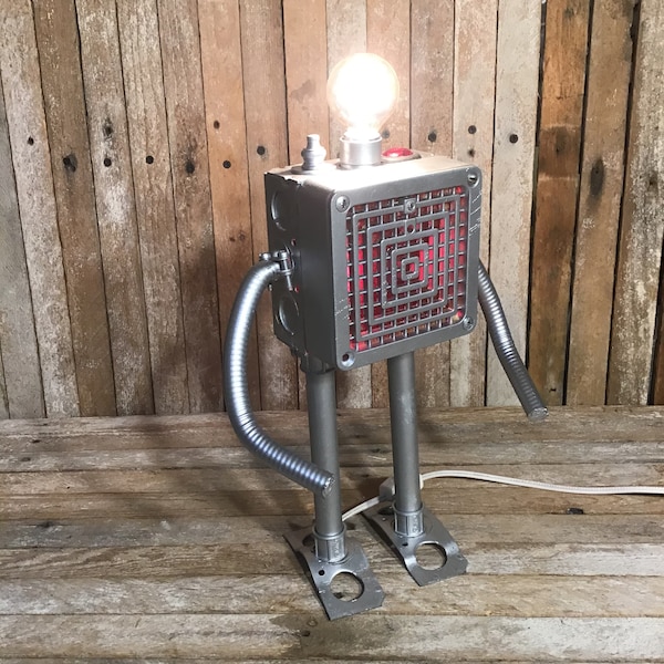 Robot Desk Lamp, mica shade, urban industrial steam punk light. Up cycled recycled electric parts, movable arms, light bulb head,