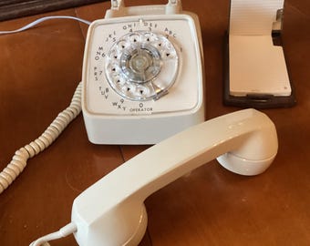 Converted dial desk phone, 1970s vintage Classic ivory telephone set for modern pluse systems. Retro American Electric Co. corded handset.