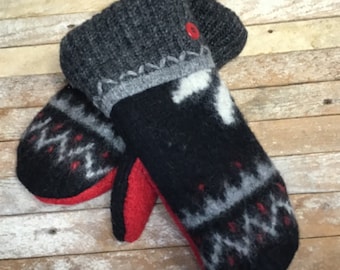 Sweater Mitts, Medium women’s, Fleece Lined, Felted Wool Mittens in red black and gray, handmade from recycled wool sweaters Christmas Gift