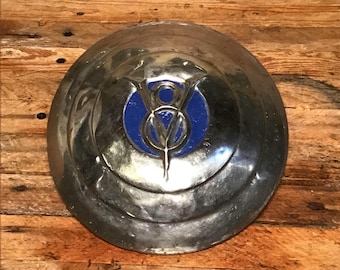 Ford V8 mini dog dish hubcap, nice restoration 1930’s rat rod, car show ready. Blue paint, original with dents and wear. 6.5 inches.