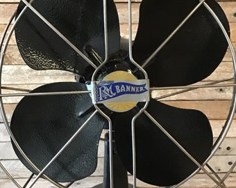 R & M Banner desk fan. Open cage design.  Lubricated cleaned rewired reconditioned and ready for a new life. Good vintage condition.