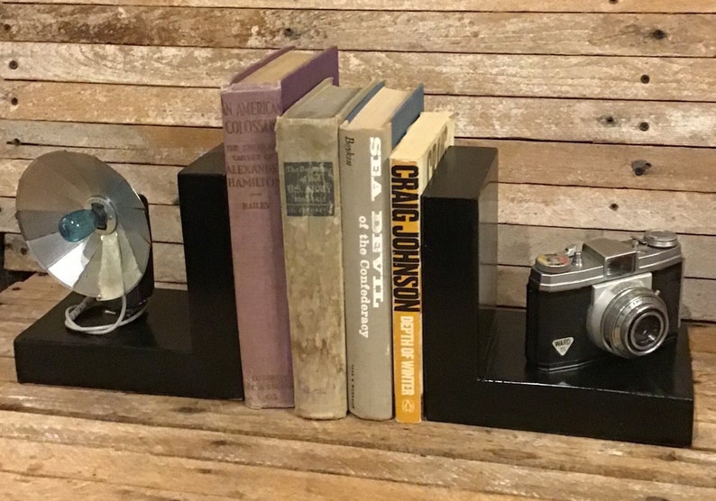 One of a Kind Photography Bookends, Hand Made Camera and Flash Bookends