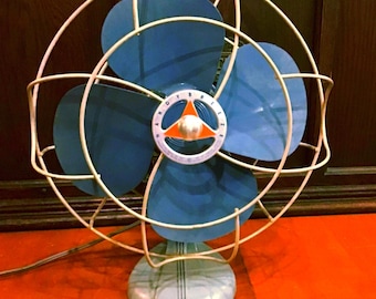 Medium blue 2 tone Handy Breeze single speed oscillating table fan. Classic 1940s style open cage design, compact and powerful.