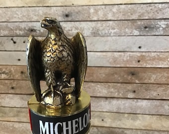 Michelob figural vintage wood beer tap handle with a gold eagle over a round platform, 14.25 inches tall. Very good condition, beer tapper.