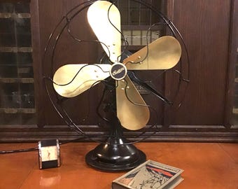 Century 4 brass blade fan 3 speed oscillating Classic 17 inch blade 1920’s style open cage design. Cleaned, lubricated, new base cloth.