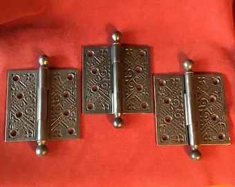 3 ornate double sided offset cast metal door hinges.  Eastlake/ Late Victorian hinges. Large 4x4 size. Sealed with hand rubbed wax finish.