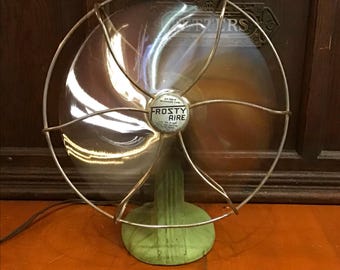 Frosty Aire No G 257 single speed desk fan, open cage design. Lubricated cleaned and ready for a new life. 8 inches wide medium green.