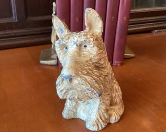 Scottie Dog bank with key, cold paint metal piggy bank. Good vintage condition, back slot, bottom opening, Terrier bank, all metal bank.