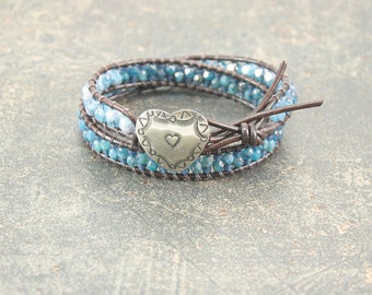 Bold Heart Bracelet Silver Blue Turquoise Teal Heart Jewelry Double Leather Wrap Bracelet