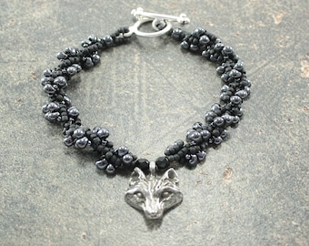 Fox Bracelet Hand Beaded Silver Gunmetal Gray Black Fox Jewelry Unique Fox Lovers Gift