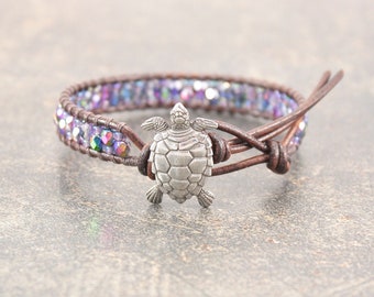 Sparkling Turtle Bracelet Pink Green Bronze Blue Purple Turtle Jewelry Single Leather Wrap Bracelet