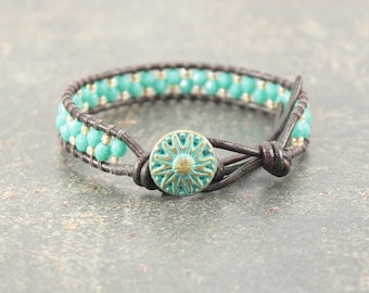 Bronze Turquoise Sunflower Bracelet Unique Beaded Leather Sunflower Jewelry