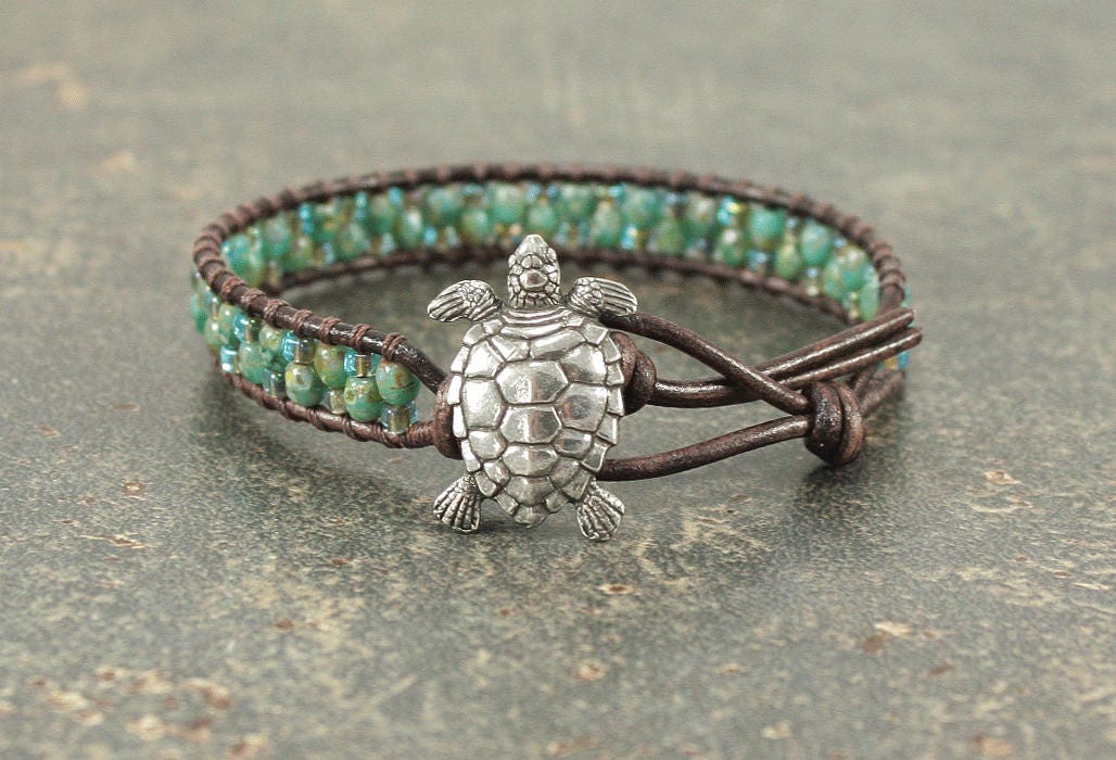 Silver Broze Turquoise Turtle Bracelet Beaded Leather Turtle | Etsy